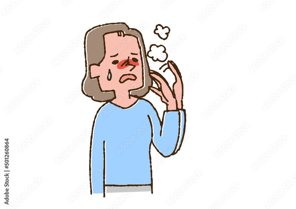 Obraz premium 火照りを感じている女性 コミカルな手書きの人物 ベクター、温かみのある線画