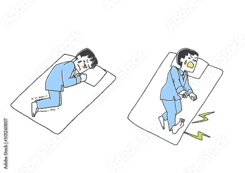 寝ている時に起こる悩みのセット　コミカルな手書きの人物　ベクター、温かみのある線画