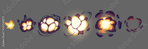 Cartoon bomb explosion storyboard. Smoke clouds, boom animation effect, sprite sheet sequence frame for mobile game. Dynamite explosive detonation, atomic comic fire motion isolated vector explode set