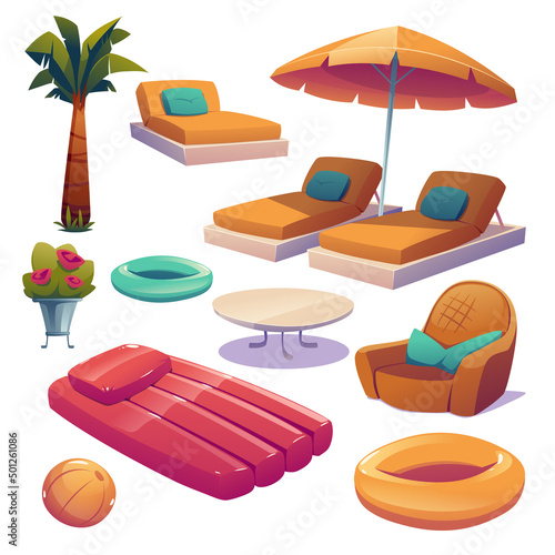 Swimming pool and hotel poolside equipment isolated cartoon icons. Palm tree, chaise lounges, umbrella, inflatable ring or ball, coffee table, armchair with pillow and flowers in vase, Vector set