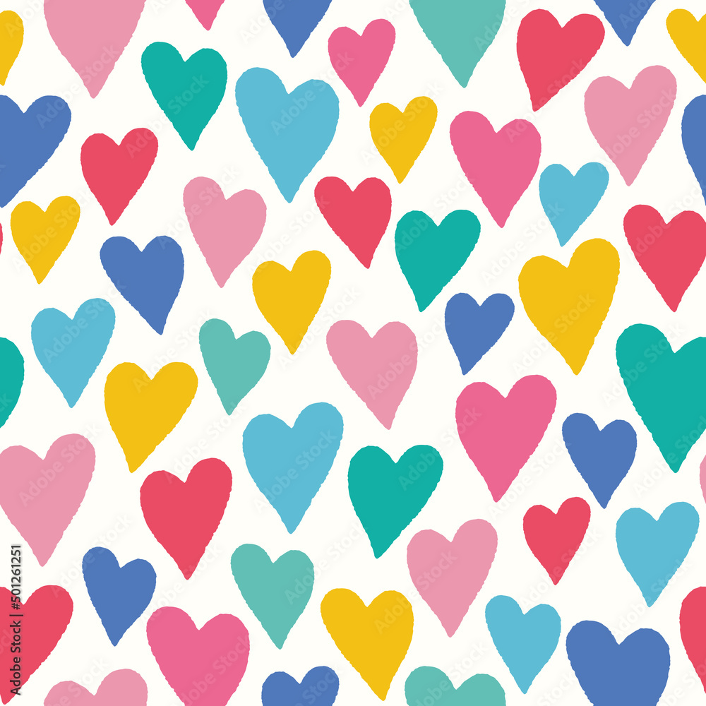 Heart back ground pattern. Vector seamless repeat of hand drawn textured colourful love hearts. 