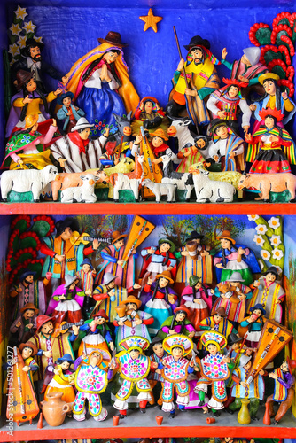Display of traditional souvenir figures at the market in Lima, Peru