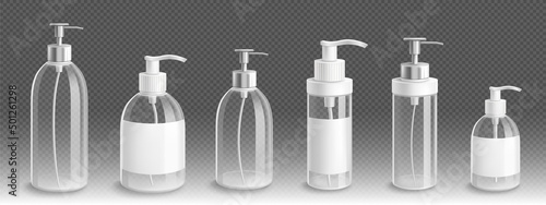 Transparent pump bottles for liquid soap or lotion 3d vector mockup. Isolated empty glass or plastic containers, blank packages with dispenser for bath or toilet cosmetics, Realistic mock up set