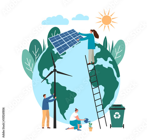 People save planet earth from climate change. Man make wind generator, character put solar panel. Using clean energy. Sustainable energy climate alternative. Flat vector illustration.