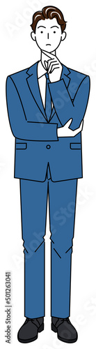 真剣に決策を考えているスーツ姿の可愛い男性 全身 立ち姿 イラスト ベクター