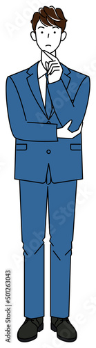 真剣に決策を考えているスーツ姿の可愛い男性 全身 立ち姿 イラスト ベクター