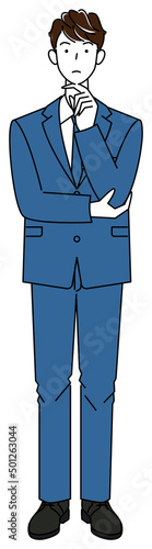 真剣に決策を考えているスーツ姿の可愛い男性 全身 立ち姿 イラスト ベクター