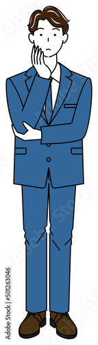 真剣に決策を考えているスーツ姿の可愛い男性 全身 立ち姿 イラスト ベクター