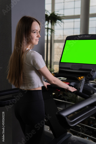 Woman indoors length young treadmill profile full exercise people, concept healthy lifestyle workout fit for person from machine sporty, sportswoman beautiful. Man legs slim,