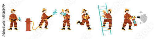 Set of fire fighters kid in uniform fighting with blaze. Boy fireman holding ladder, extinguisher, water hose and axe. Child character save kitten, yell to loudspeaker Linear flat vector illustration