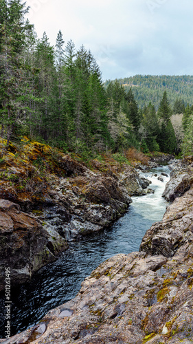 Waterfall on Sooke River at Sooke Potholes Park  BC  springtime.