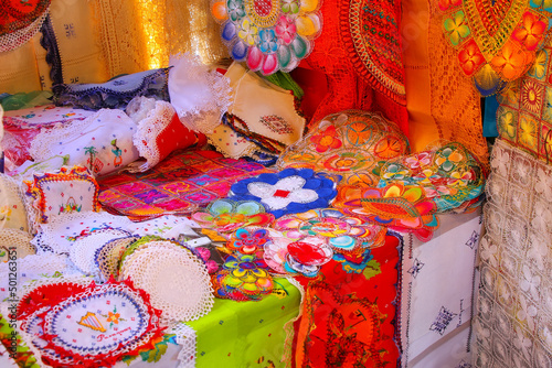 Display of nanduti at the street market in Asuncion, Paraguay photo