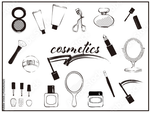 コスメ（化粧品）セット　スタイリッシュなモノクロの手描き線画