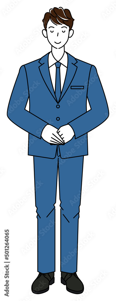 少し頭を下げお辞儀をしているスーツ姿の可愛い男性の全身立ち姿 右手を上にして手を組んでいる イラスト ベクター
Full body standing pretty man in suit bowing with head slightly bowed. Illustration of hands folded with right hand on top Vector
少し頭を下げお辞儀をしているスーツ姿の可愛い男性の全身立ち姿 右手を上にして手を組んでいる イラスト ベクター
Full body standing pretty man in suit bowing with head slightly bowed. Illustration of hands folded with right hand on top Vector