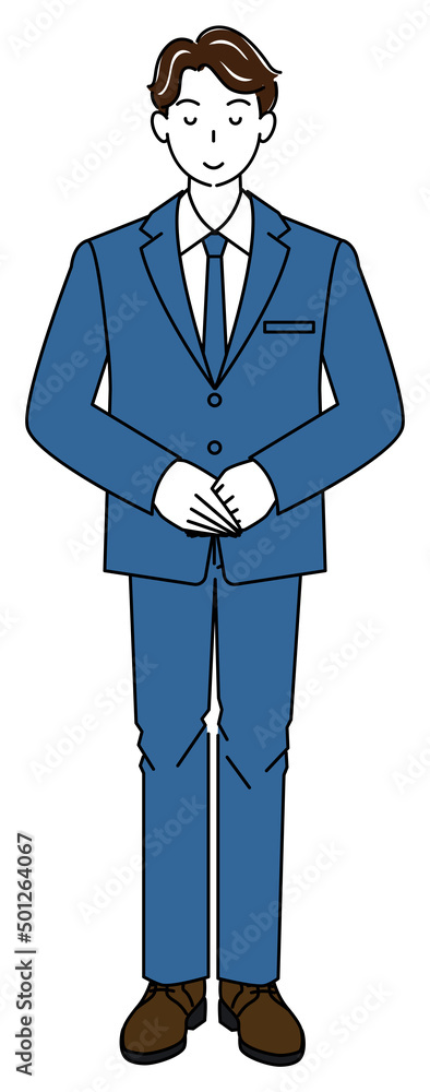 少し頭を下げお辞儀をしているスーツ姿の可愛い男性の全身立ち姿 右手を上にして手を組んでいる イラスト ベクター
Full body standing pretty man in suit bowing with head slightly bowed. Illustration of hands folded with right hand on top Vector
少し頭を下げお辞儀をしているスーツ姿の可愛い男性の全身立ち姿 右手を上にして手を組んでいる イラスト ベクター
Full body standing pretty man in suit bowing with head slightly bowed. Illustration of hands folded with right hand on top Vector