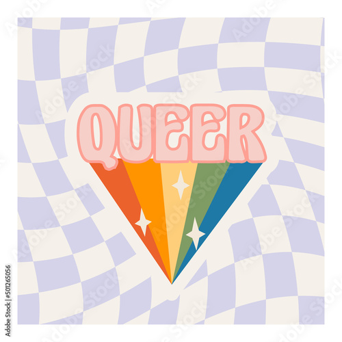 Pride month square card with LGBTQ rainbow and Queer word. Trendy social media post design with distorted checkerboard on background. LGBT banner in retro groovy style. Vector flat style illustration.