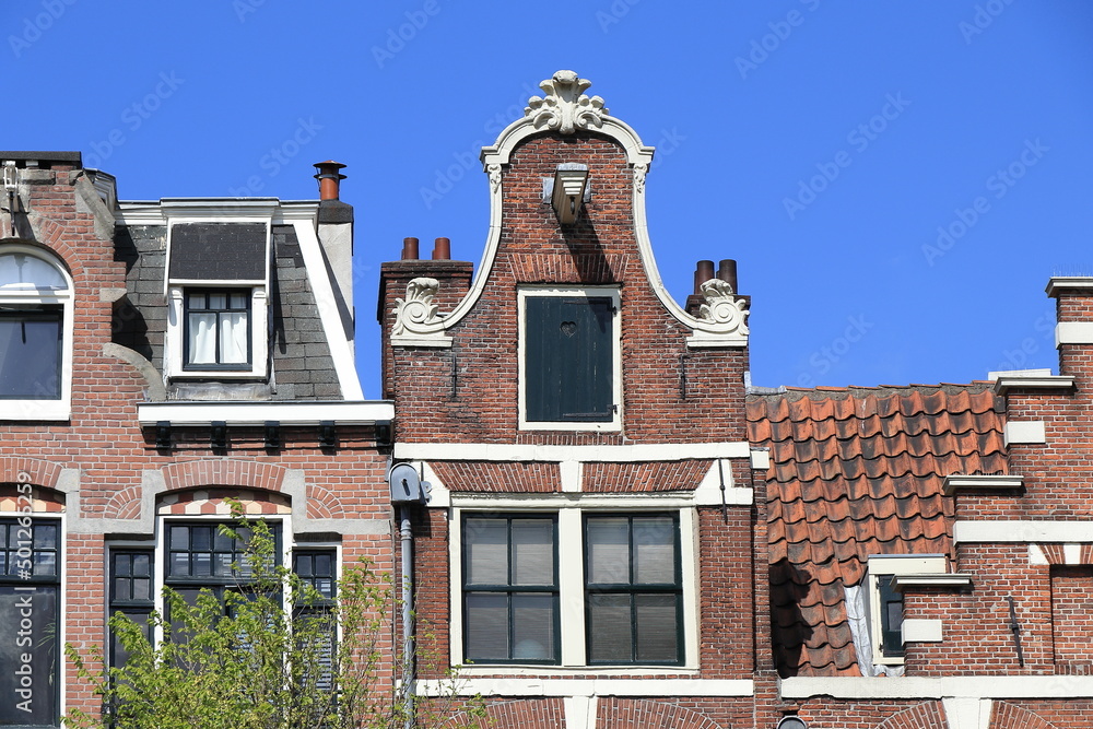 Amsterdam Prinsengracht Canal Historic Brick House Facade with Bell Gable Close Up, Netherlands