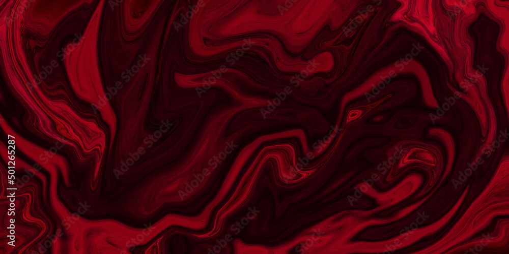 Fototapeta premium Red liquid marble texture. Digital blurred red background with spread liquify flow for design. Unique abstract liquified design. Mixture of acrylic paints, Beautiful stains of liquid nail lacquers.