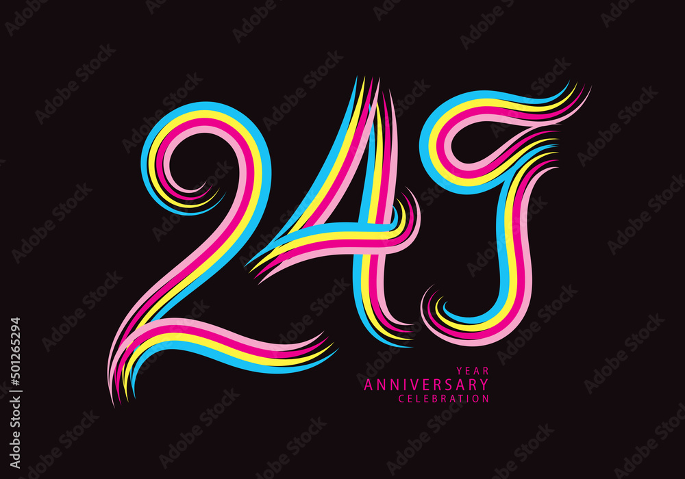 249 number design vector, graphic t shirt, 249 years anniversary celebration logotype colorful line, 249th birthday logo, Banner template, logo number elements for invitation card, poster, t-shirt. 249 number design vector, graphic t shirt, 249 years anniversary celebration logotype colorful line, 249th birthday logo, Banner template, logo number elements for invitation card, poster, t-shirt.