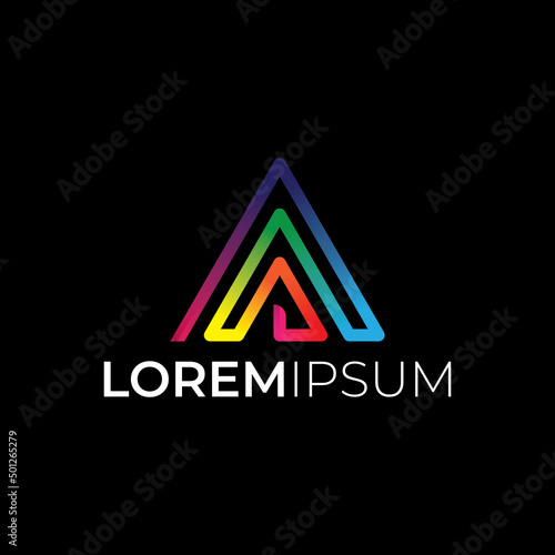 Triangle logo illustration with Modern colorful flow, Wave Liquid shape in black color background.