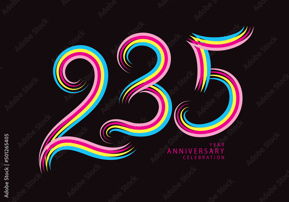 235 number design vector, graphic t shirt, 235 years anniversary celebration logotype colorful line, 235th birthday logo, Banner template, logo number elements for invitation card, poster, t-shirt. 235 number design vector, graphic t shirt, 235 years anniversary celebration logotype colorful line, 235th birthday logo, Banner template, logo number elements for invitation card, poster, t-shirt.
