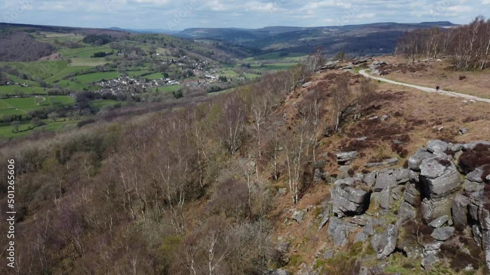 An aerial flight along Curbar Edge in the Peak District in Spring late morning. An aerial flight along Curbar Edge in the Peak District in Spring late morning.
