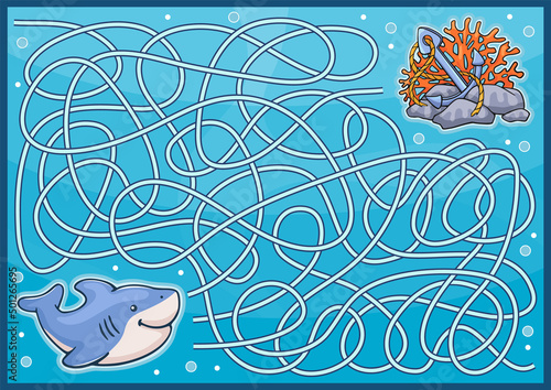 Maze game for kids with cute cartoon shark. Labyrinth with road to treasure of pirate anchor. Children puzzle worksheet and activity page. Sea underwater vector illustration.