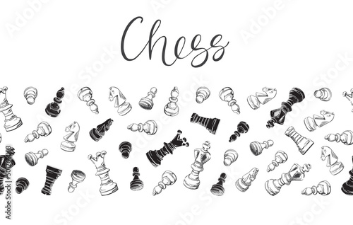 Chess pieces seamless border. Background of the intellectual game. Hand-drawn vector illustration for a chess club, tournaments banner, frame, brochure background. 
