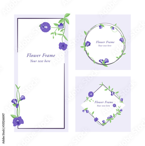 Set of hand drawn butterfly pea floral frame banner