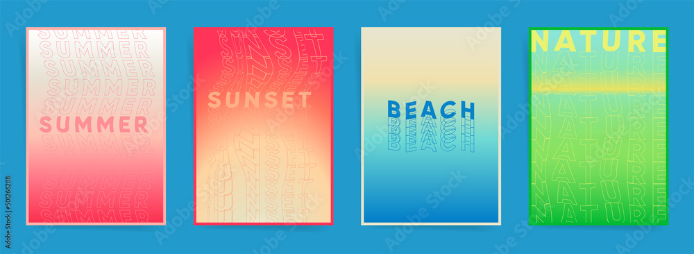 Summer gradient neon design set for poster background, placards, banners, books and notebook covers.  Aesthetic blurry frames and decorative banners. Duotone vertical minimal vector creatives prints.