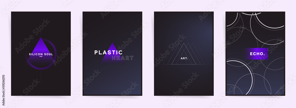 Aesthetic dark minimal gradient design posters set. Placard frames, decorative backgrounds artwork. Black futuristic space graphic and geometric shapes vector template. Technology modern art.