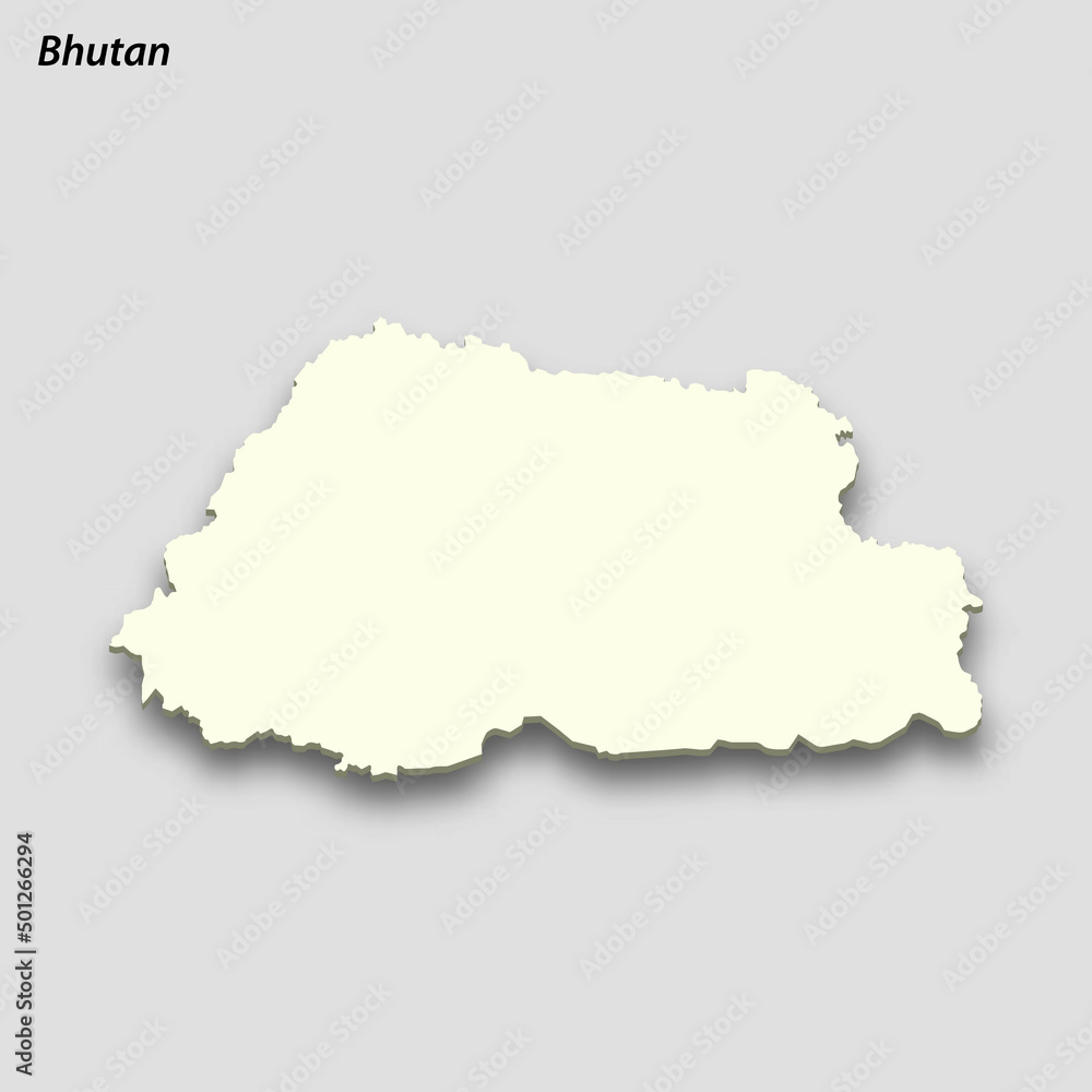 3d isometric map of Bhutan isolated with shadow