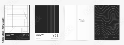 Linear geometric minimal poster set for placards, presentation, banners, book or notebook covers. Swiss aesthetic bold graphic art. Vector background and text. Black and white colors.