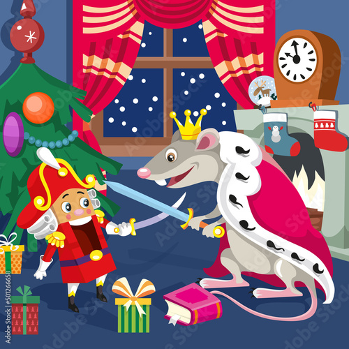 Nutcracker and Mouse King at Christmas night. Cute cartoon characters in room. Picture for children games  posters  puzzles. Activity  vector illustration.