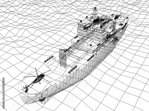 Canvas warship 3d wire frame on the sea