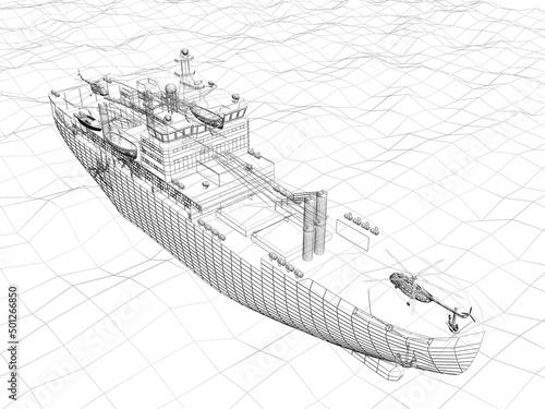 Fototapeta warship 3d wire frame on the sea