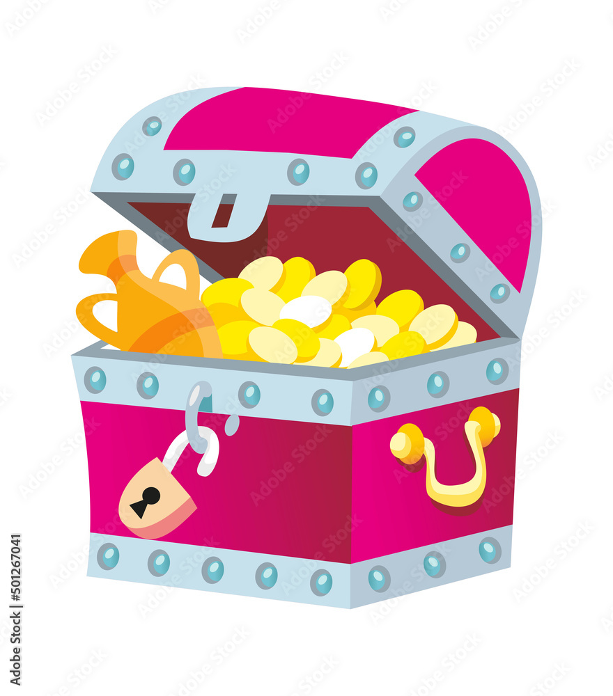 Obraz premium Chest with gold and items on white background. Cartoon picture. Isolated color object icon for design of games, posters, books. Vector full color illustration.