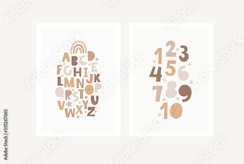 Cute cartoon Bohemian nursery alphabet. Boho vector print for wall decor in children's bedroom. ABC and number poster 