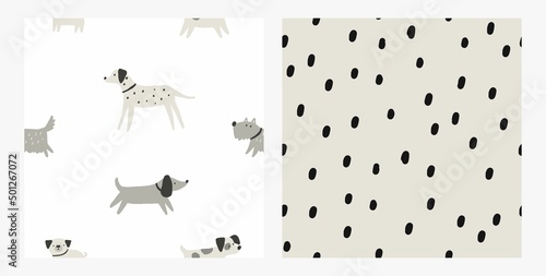 Cute Hand drawn dog - vector print in doodle style. Seamless pattern with pet photo