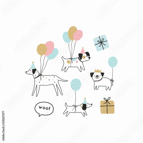 Happy Birthday my dear dog. Cute Cartoon pet Birthday card. Cute dog and baloon in flat style