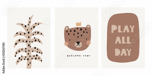 Cute cartoon Bohemian nursery posters. Boho vector print for wall decor in children's bedroom. Cute characters and hand drawn lettering quote. Leopard, plants