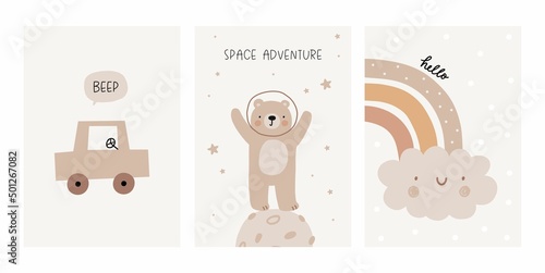 Cute cartoon Bohemian nursery posters. Boho vector print for wall decor in children's bedroom. Cute characters and hand drawn lettering quote. Car, bear and raibow