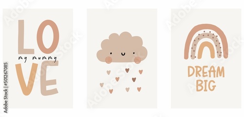 Cute cartoon Bohemian nursery posters. Boho vector print for wall decor in children's bedroom. Cute characters and hand drawn lettering quote. Love, cloud, rainbow