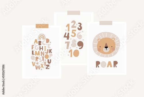 Cute cartoon Bohemian nursery alphabet. Boho vector print for wall decor in children's bedroom. ABC and number poster 