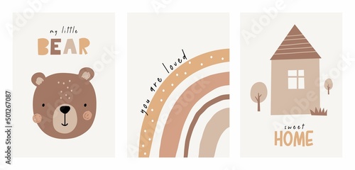 Cute cartoon Bohemian nursery posters. Boho vector print for wall decor in children's bedroom. Cute characters and hand drawn lettering quote. Bear, rainbow, house