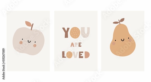 Cute cartoon Bohemian nursery posters. Boho vector print for wall decor in children's bedroom. Cute characters and hand drawn lettering quote. Apple and pear