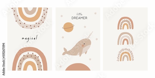Cute cartoon Bohemian nursery posters. Boho vector print for wall decor in children's bedroom. Cute characters and hand drawn lettering quote. Rainbow and narwhal
