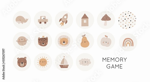 Cute cartoon Memory game. Boho vector print children. Cartoon sticker with cute rocket, bear, lion, rainbow car, sun, pear, ship