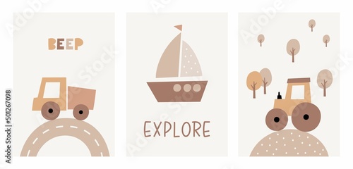 Cute cartoon Bohemian nursery posters. Boho vector print for wall decor in children's bedroom. Cute characters and hand drawn lettering quote. Truck, ship, Tractor