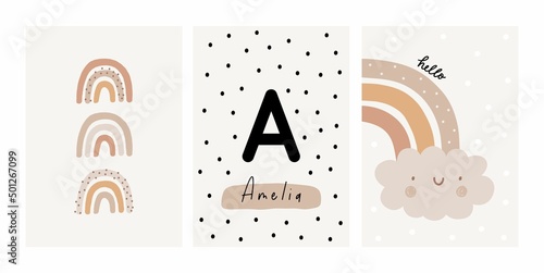 Cute cartoon Bohemian nursery posters. Boho vector print for wall decor in children's bedroom. Cute characters and hand drawn lettering quote. Rainbow